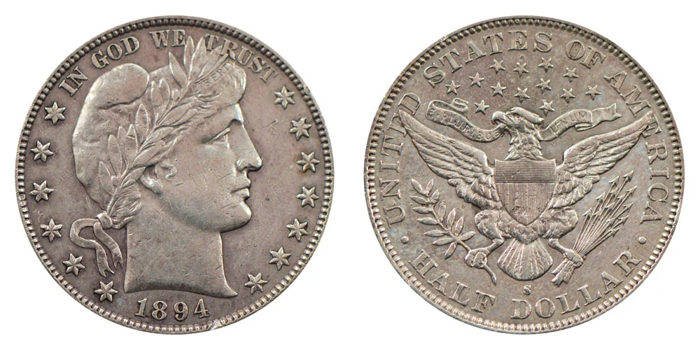 1894-S Barber half dollar comparison — worn circulated example left vs gem MS65 right