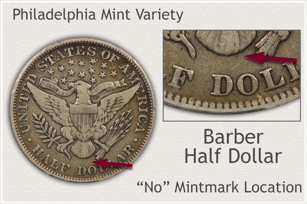 1894 Philadelphia Barber half dollar reverse showing no mint mark above DOLLAR
