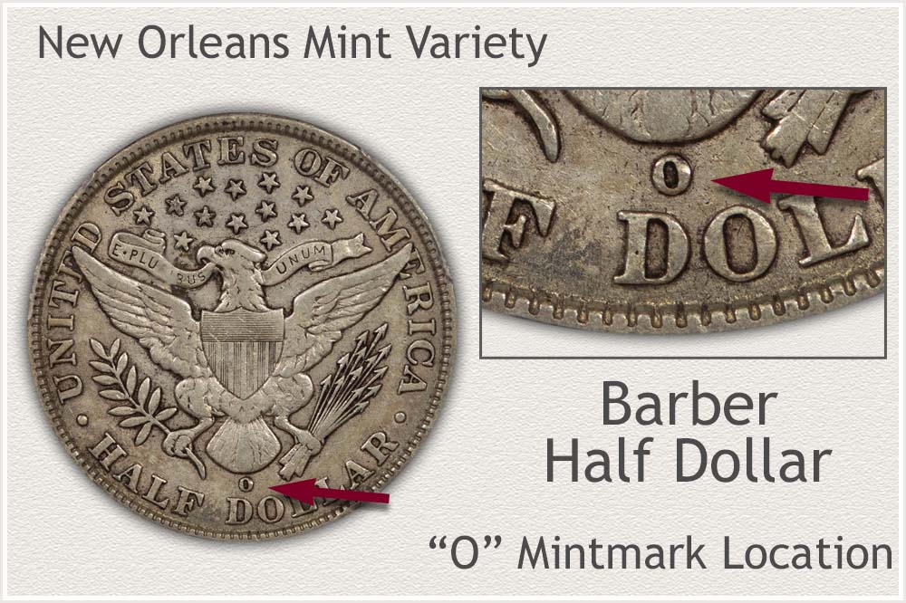 1894-O New Orleans Barber half dollar reverse showing O mint mark and typical weak strike on eagle's claw
