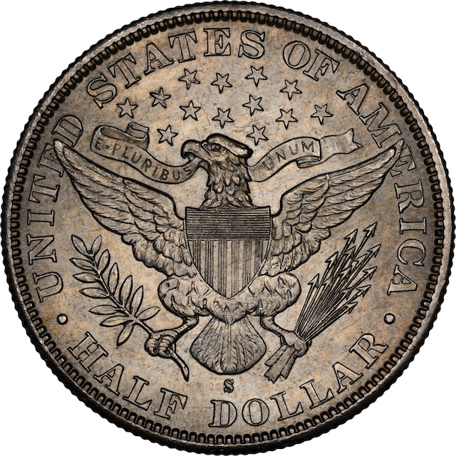 1894-S Barber half dollar gem MS65 showing sharp S mint mark, full eagle feathers, and original cartwheel luster
