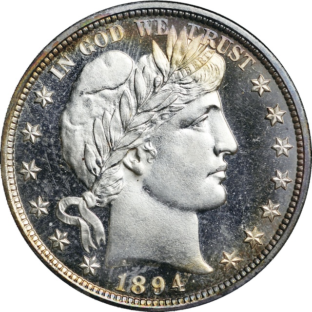 1894 Proof Barber half dollar showing mirror-like fields and frosted Liberty portrait typical of proof coinage