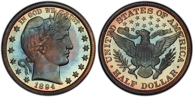 1894 Proof Deep Cameo Barber half dollar showing brilliant mirror fields and heavily frosted devices
