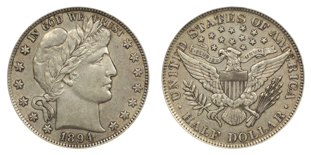 Group of 1894 Barber half dollars from all three mints — Philadelphia, New Orleans, and San Francisco — displayed side by side