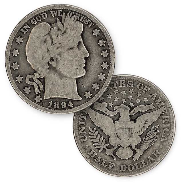 1894 Barber half dollar grading strip showing four condition tiers from worn through gem mint state in a single row